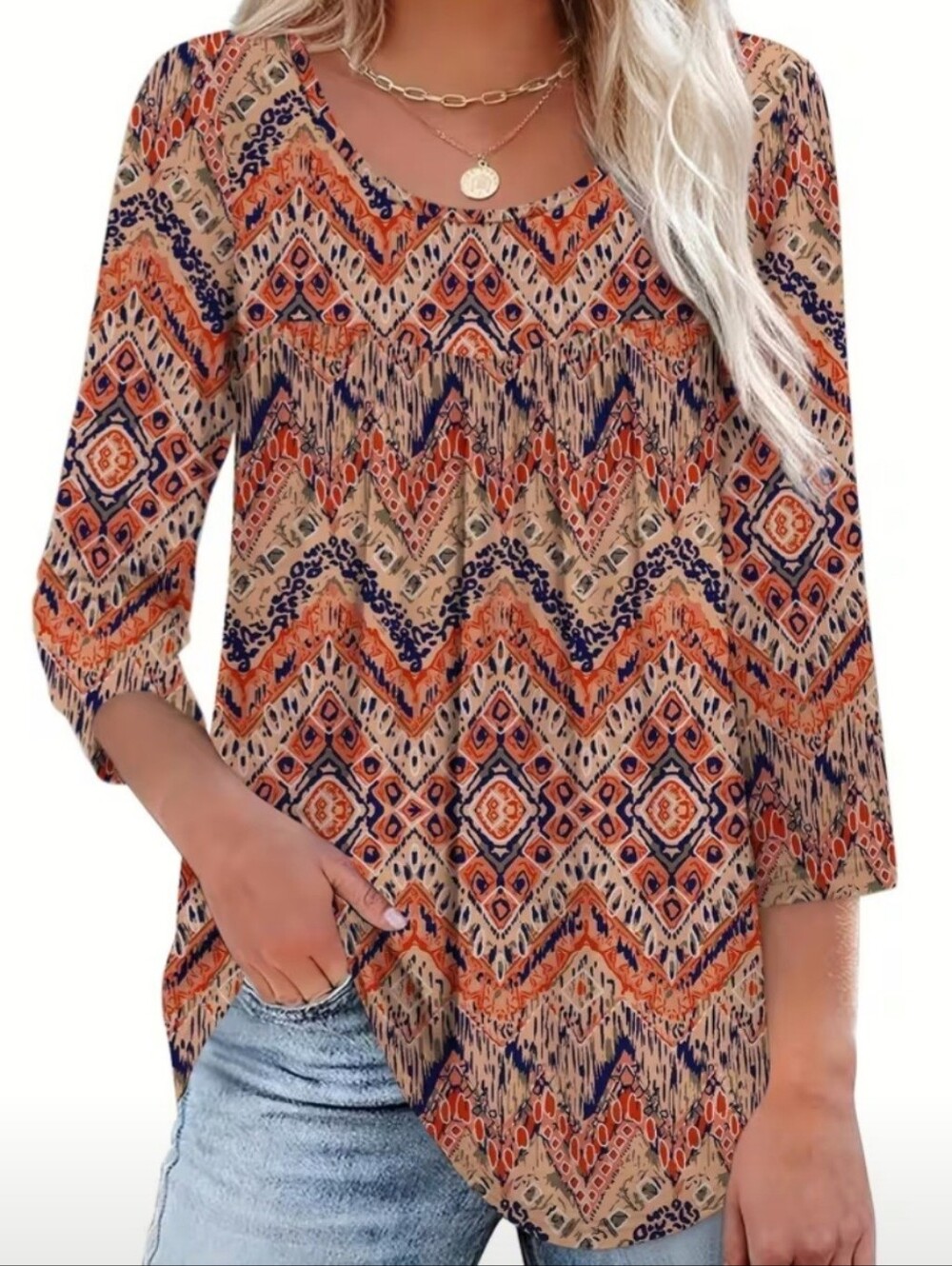 Women'S 3/4 Sleeve Round Neck Ruched Blouse Casual Basic Loose Top Orange Multi